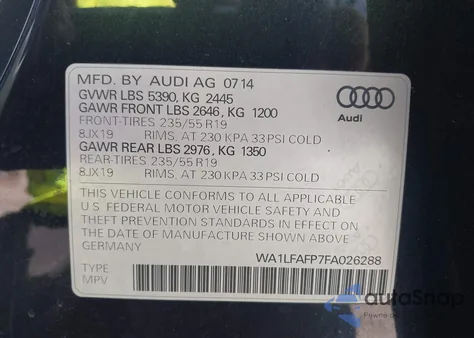 2015 Audi Q5 2.0T Premium z USA, uszkodzony, nr VIN WA1LFAFP7FA026288